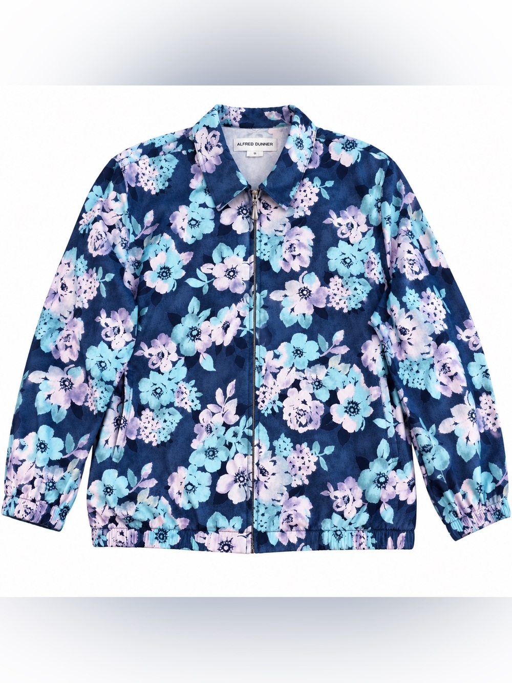 Alfred Dunner Navy Floral Bomber Jacket with Light Blue & Lavender Blooms